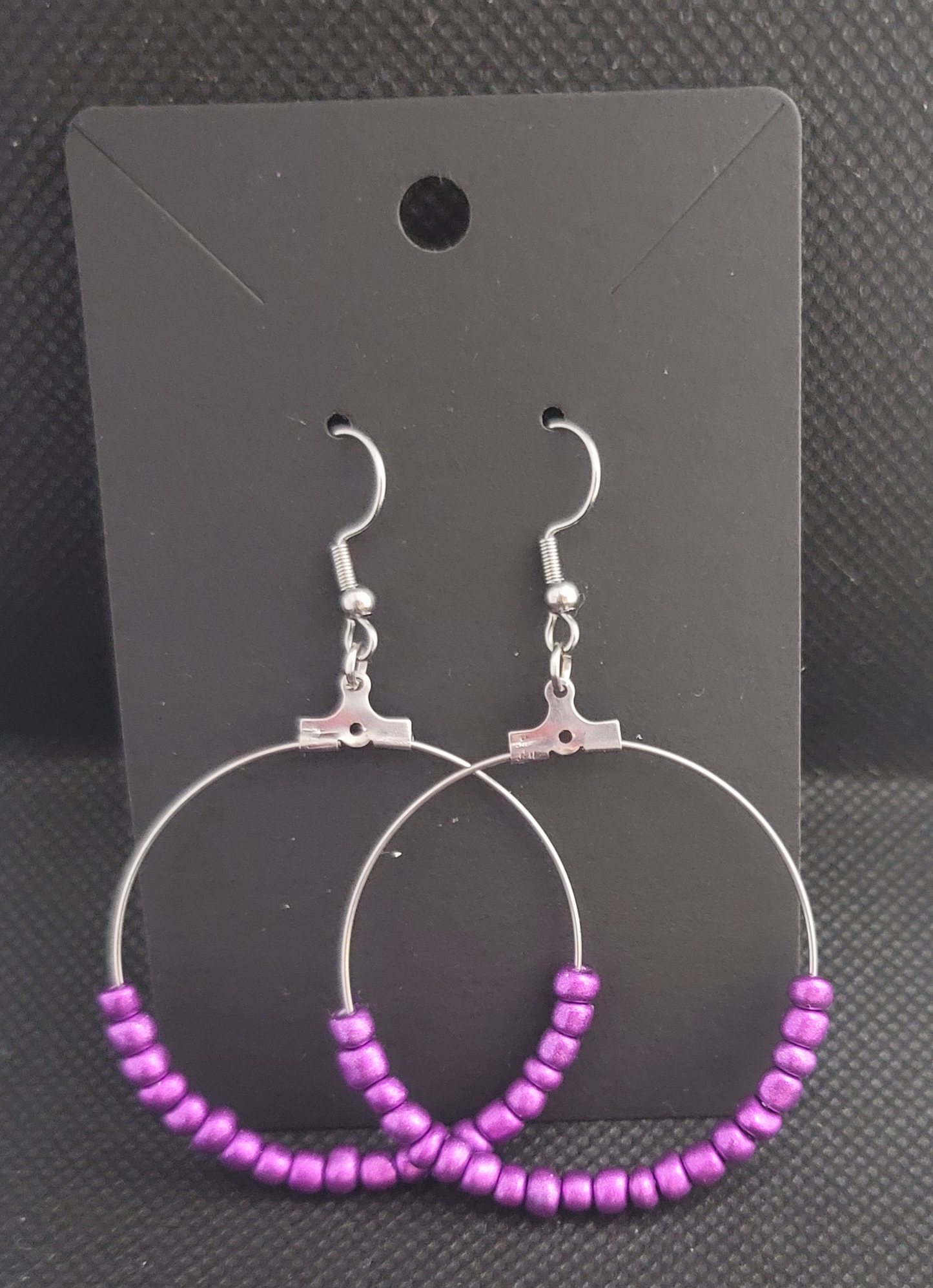 Silver Purple Beaded Hoop Earrings